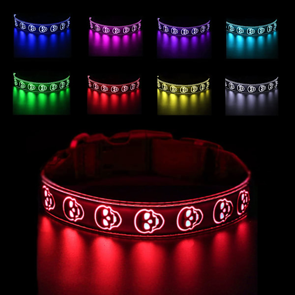 Nyaste LED-halsband för hund för nattpromenader, dödskalletryck, uppladdningsbara lysande halsband, mjukt silikonhalsband, lysande hundhalsband för små 8