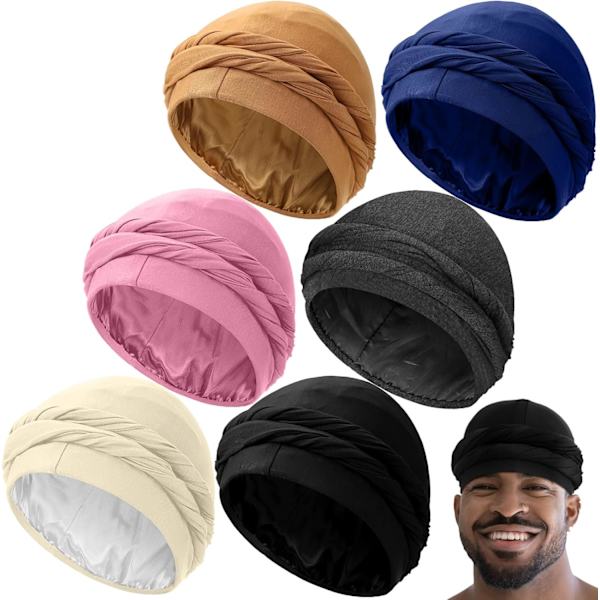 6 delar turban för män Halo Turban Durag Satin Silk Fodrad