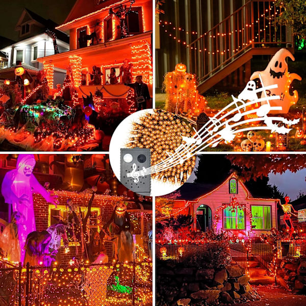 LED-lysslynger med skummel musikk, bevegelsessensor Halloween-lys utendørs vanntett oransje lys med lyder for Halloween-dekorasjon jul