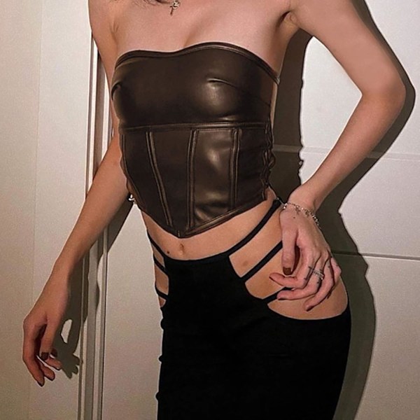 Kvinnors sexiga axelbandslösa PU-läderbustier öppen rygg benad korsett crop top