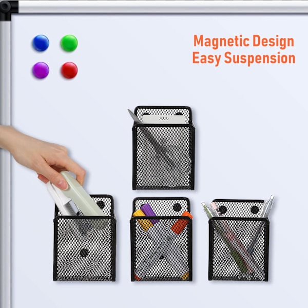 10 st magnetiska pennhållare i rostfritt stål, korg i metall, förvaringsorganisatör för kylskåp, whiteboard, svart