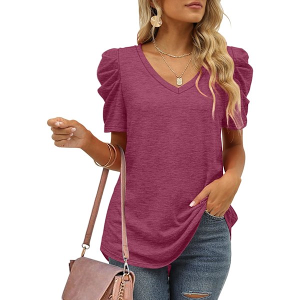 Womens Summer Shirt V Neck Casual Tshirts Puff Sleeve Tops for Women Solid