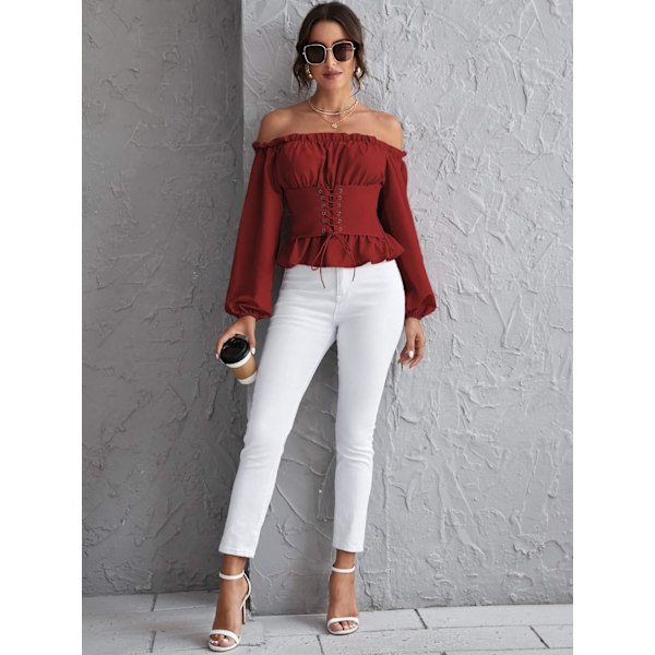 Kvinners Off Shoulder Ruffle Peplum Korsett Shirred Puff Lang Arm Topper Bluse