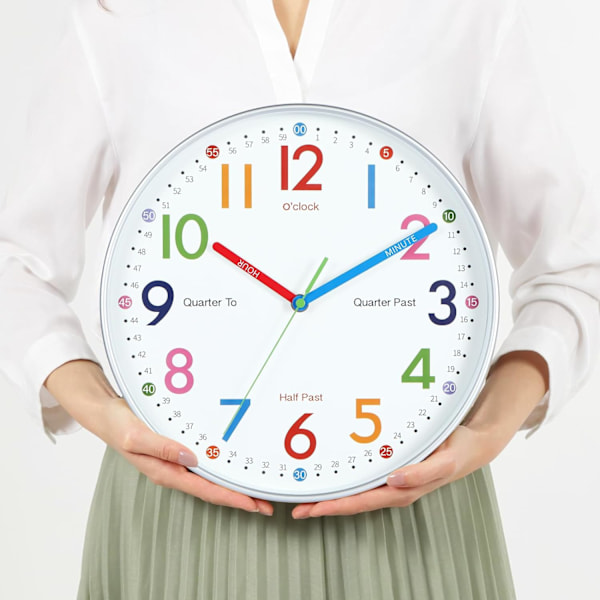 12 tommer Læringsur til børn, Lærende ur Børn Analog Farverig soveværelser Væg ur Sølv ET-7789 Sølv 12 tommer Quartz Sølv 12 tommer Quartz