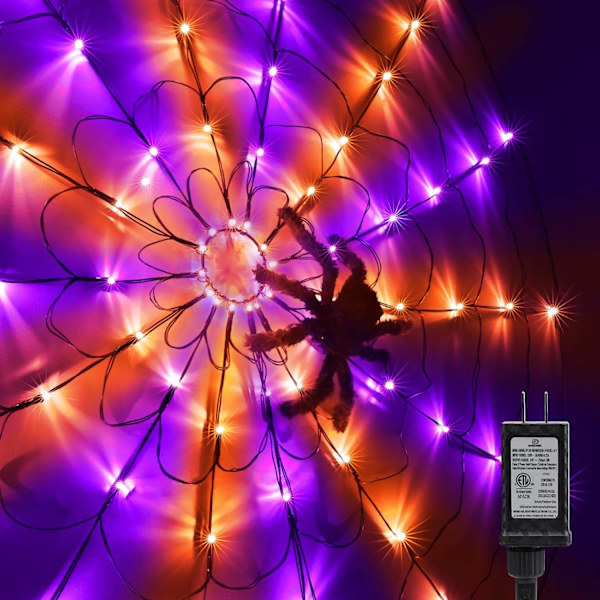 Halloween Spindelvæv Lys med Sort Edderkop, 4.26FT Diameter 84 LED Orange Lilla Web Lys med 8 Tilstande, Vandtæt med Timer Plugin