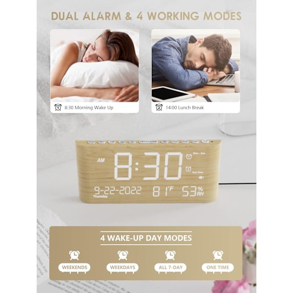 Väckarklocka för sovrum, sängbord, digital väckarklocka i trä med reservbatteri, USB-port, 200 % ljusstyrkedimmer, snooze, dubbelalarm med gult
