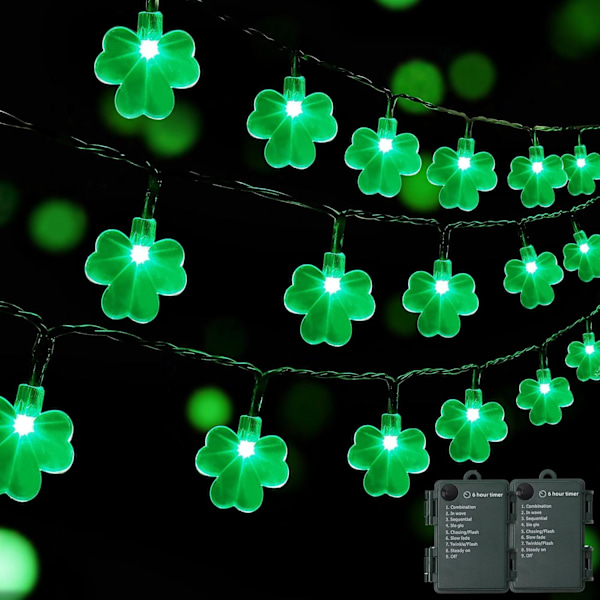 2-pack St. Patrick's Day Shamrock-lampor, 50 LED utomhus dekorativa ljusslingor, batteridriven Lucky Clover-lampa, 8 belysningslägen och timer,