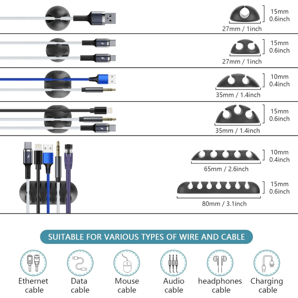 Kabelstyringsorganisator-sæt - 4 ledningsorganisator-kabelærme med 36 selvklæbende kabelklipsholdere, 10 stk. og 2 ruller kabelorganisering