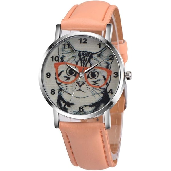 Unisex Scholar Kattmönster Läderband Analog Quartz Dial Klocka