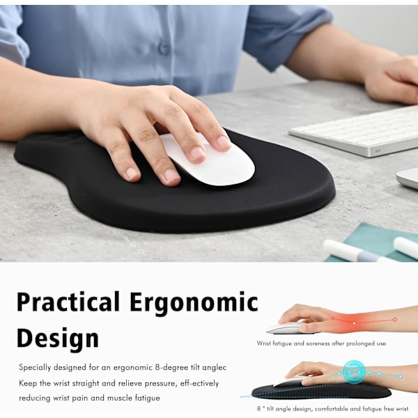 Ergonomisk musemåtte med håndledsstøtte, musemåtte med memory foam håndledsstøtte og skridsikker PU-base, Massae Bule Desin til smertelindring, sort