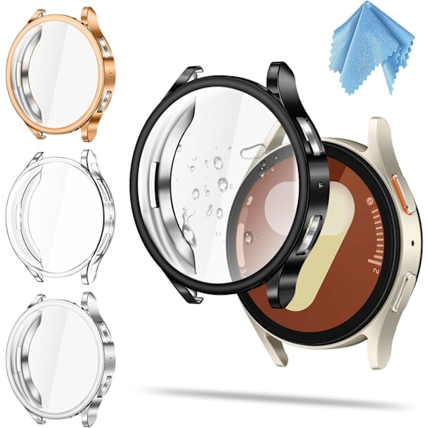 4-pak Etuier Kompatible med Galaxy Watch 7 40mm 2024, Premium Blød TPU Skærmbeskytter All-Around Beskyttende Bumper Cover, Sort/Sølv/Rose
