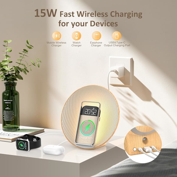 Soloppgang Vekkerklokke Vekkelyset, Bluetooth-høyttaler, Trådløs lading, Hvit støy, Sengelampe, Soverom, Snooze & Søvnhjelp, Ideell for gave Tre