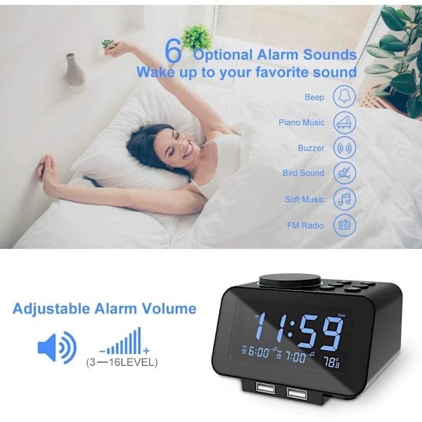 Digital väckarklocka radio-000% dimmer, dubbelalarm i veckodags-/helgläge, 6-tons justerbar volym, FM-radio med sömntimer, snooze, 2 USB