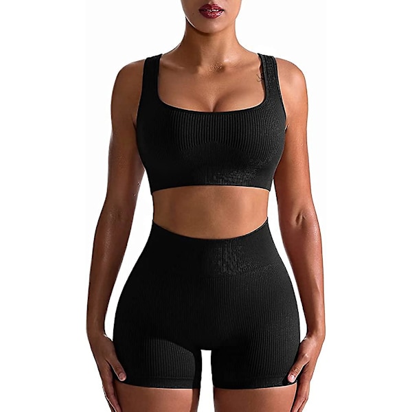Träningskläder för kvinnor 2 delar sömlösa ribbade leggings med hög midja och sport-bh träningsset Black S