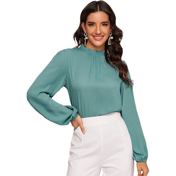 Elegant Dame Mock Neck Bishop Langærmet Plisseret Bluse Nøglehul Ryg Ensfarvet Top