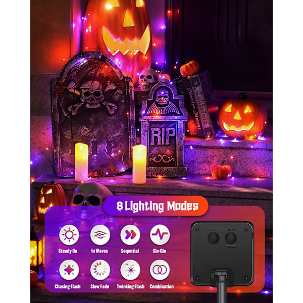 2-pack solcellsbelysning för Halloween, 33 fot 100 LED orange och lila Halloween ljusslingor, 8 lägen solcellslampor för trädgård, spöklik fest