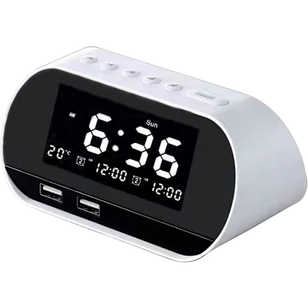 Superhög larmklocka för sovrum, denna digitala väckarklocka med FM-radio, 2 USB-laddare, 2 väckarklockslägen, termometer, Baery White