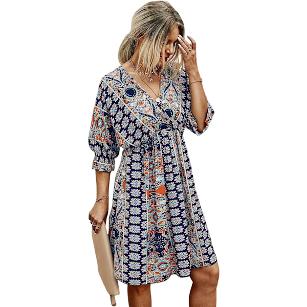Romwe Boho Tribal Print Kortærmet V-hals Bindebånd Sommerkjole til Kvinder