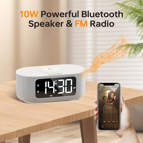 Stofvækkeur til soveværelse, med stort LED-skærmdisplay, Bluetooth-stereohøjttaler, FM-radio, hurtig trådløs opladning, USB-opladningsport,