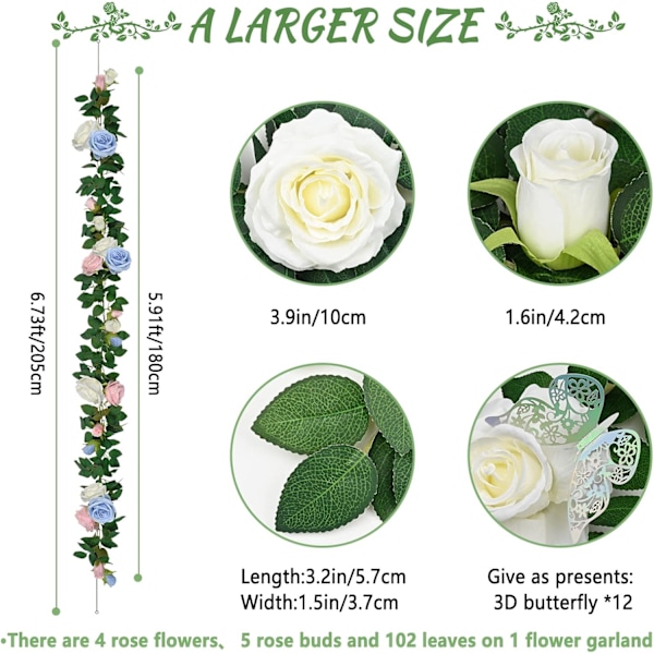 3 stk. 6,15 m blomsterguirlande med 3D-sommerfugl, kunstige rosenranker