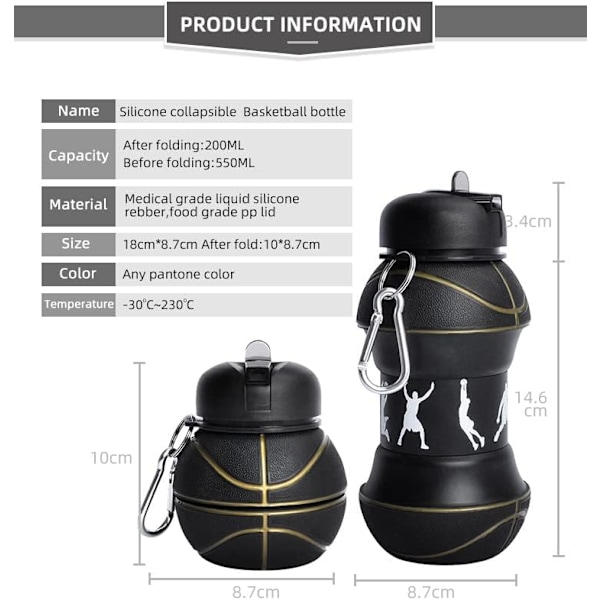 Sammenleggbar vannflaske i silikon, Vannflaske for småbarn Svart Basketballstil, Barneflaske 560 ml, Leketøy for reisetilbehør for barn