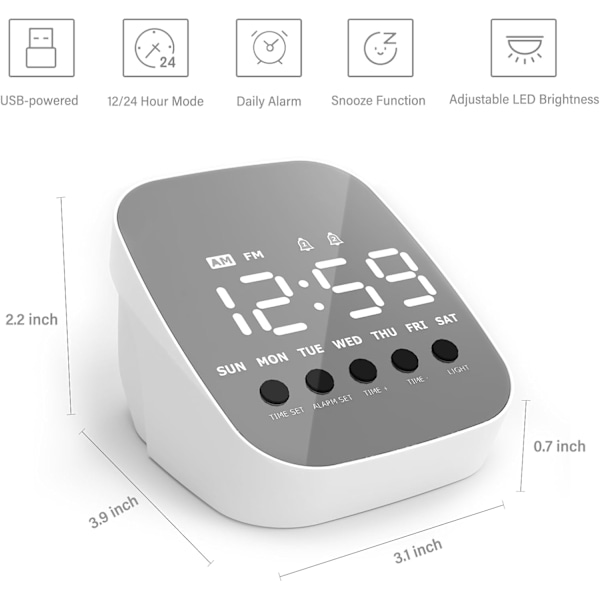 Väckarklocka, LED digital väckarklocka, 3 nivåer ljusstyrka, 2 larm, 12/24H, snooze, liten väckarklocka för sovrum, heminredning, kontor, resor