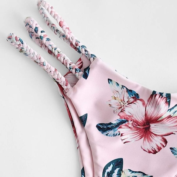 Kvinnors breda remmar knyta knut flätad blommig bikini set tvådelad baddräkt (A-