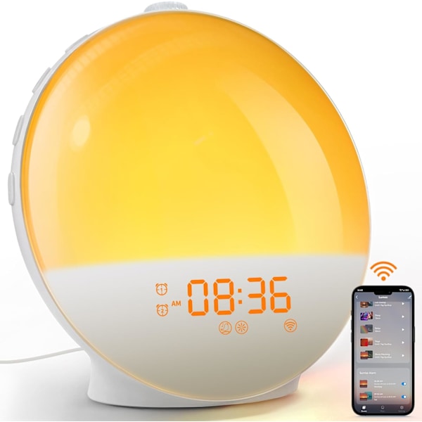 Solopgangs vækkeur, Smart Wake Up Light, APP-styring, Solopgangs- og solnedgangssimulering, Sleep Sound Machine, Dobbelte alarmer, FM-radio, Naturlyde, til