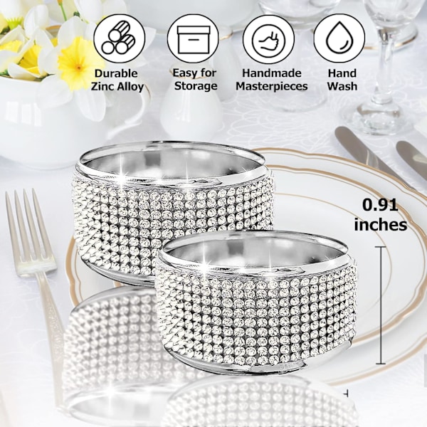 Sølv serviettringer, sett med 6 - Serviettring med diamant-rhinestone, glitrende bord