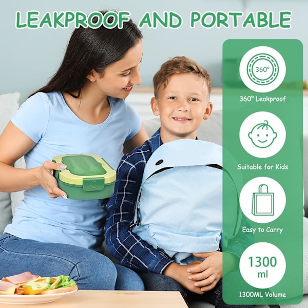 Bento Lunch Box (1300 ml) - Läckagesäker låda med 4 fack, sked och gaffel (grön)