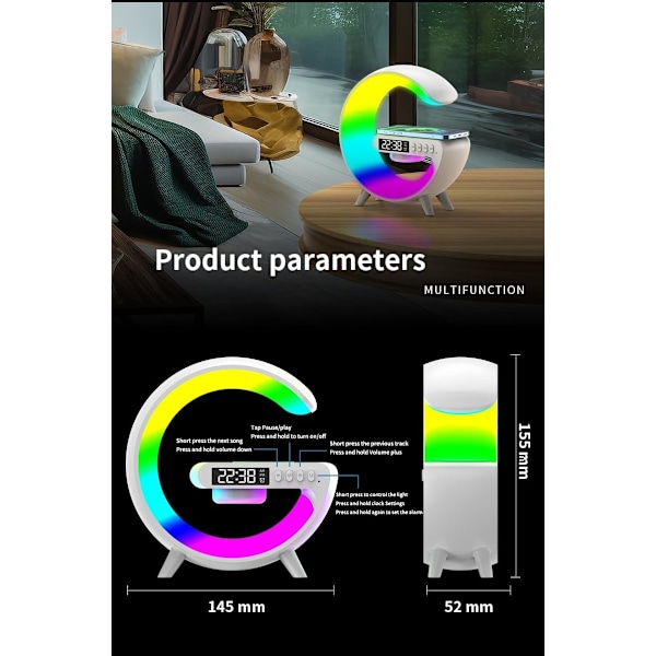 2024 Ny Multifunktionel Bluetooth-højttaler, Farverig Atmosfærelampe, Trådløs opladning og Vækkeur, Soveværelse Sengelampe med opladning Hvid