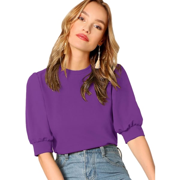 Kvinners Puff Sleeve Casual Solid Top Pullover Keyhole Back Bluse