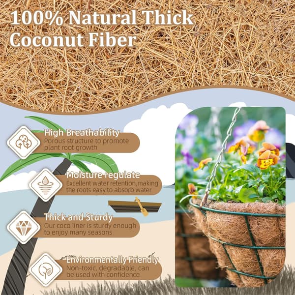 4-pack 14 tums hängkorg kokosfoder ersättning, 100% naturliga runda kokosfiber planteringskorgfoder för hängkorg