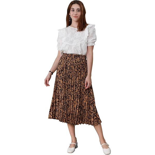 Womens Chic Elastisk Høy Midje A Linje Leopard Trykk Plissert Rynking -Lang