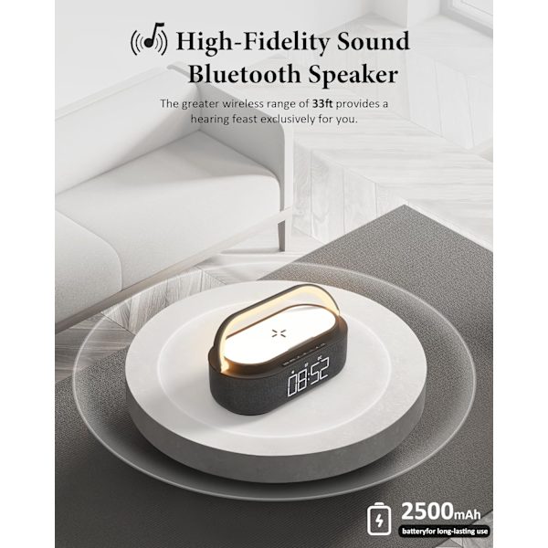 【2024 Nyaste】Väckarklockradio med Bluetooth-högtalare, stereoljud dubbla trådlösa högtalare med trådlös laddare, 2500mAh Baery dimbar klocka