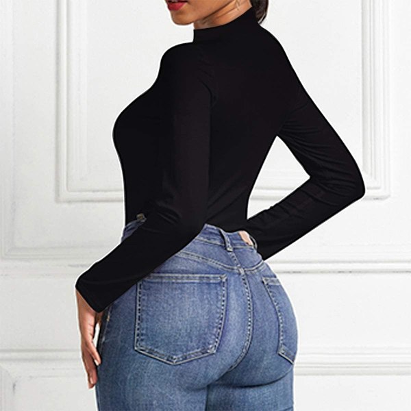 Dame Langærmet Bodystocking Lynlås Turtleneck Jumpsuit Leotard TopStretchy