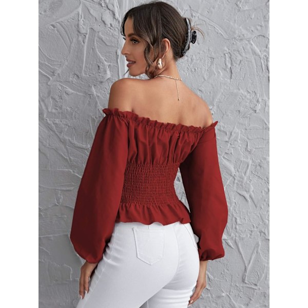 Kvinners Off Shoulder Ruffle Peplum Korsett Shirred Puff Lang Arm Topper Bluse