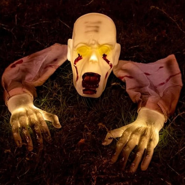 Krypande zombie, läskig blodig zombiedekoration med ljus och insats, batteridriven multi-mode animatronik för trädgård, hemsökt hus, fest