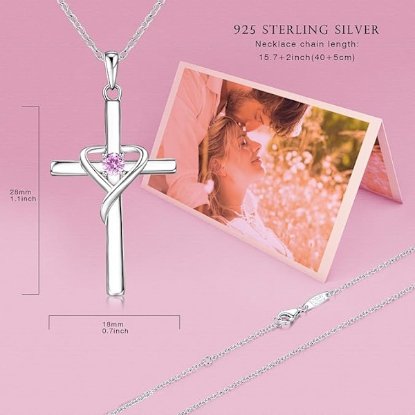 Oktober Födelsesten Korshalsband - 925 Silver med 5A Cubic Zirconia Turmalin och 14K Gult/Roséguld - Rosa Safir Unisex Smycke