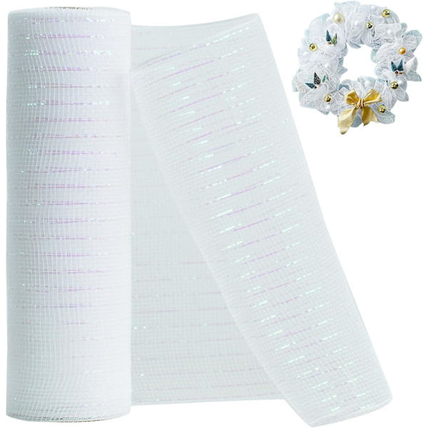 Hvid Metallic Deco Mesh Bånd 10 Tommer x 10 Yard Stof Mesh Rulle Dekorativ