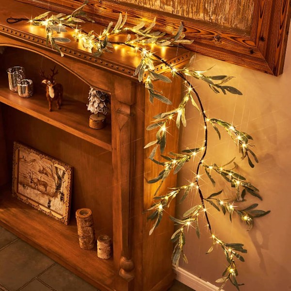 Lighted Olive Garland Batteridrevet med Timer 6FT 96 LED Fe Lys, Faux