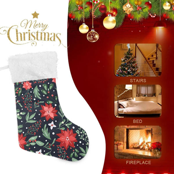 Julklapp, Personliga Julklappsstrumpor 2-pack Julstjärnor Blommor Granris Jul Svart 45,7 cm Julstrumpor Hängande