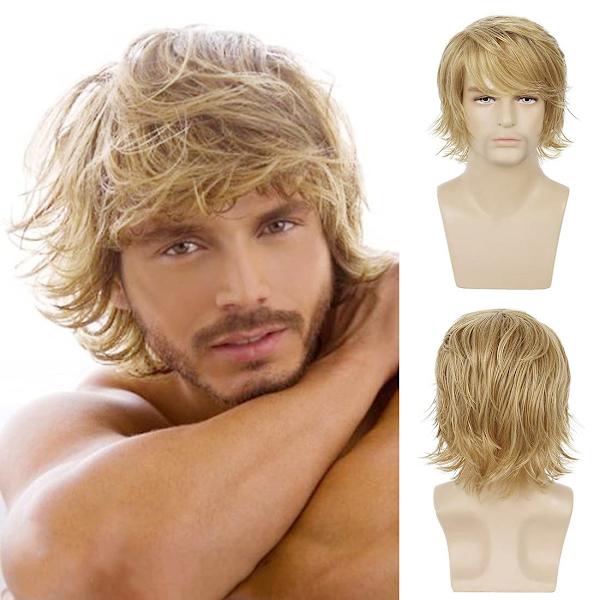 Blond peruk för män, kort, fluffig, flerskiktad, blond peruk av syntetiskt hår