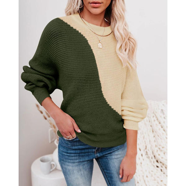 Kvinnors vintertröja Chunky Plaid Turtleneck Color Block Batwing Sleeve Knit