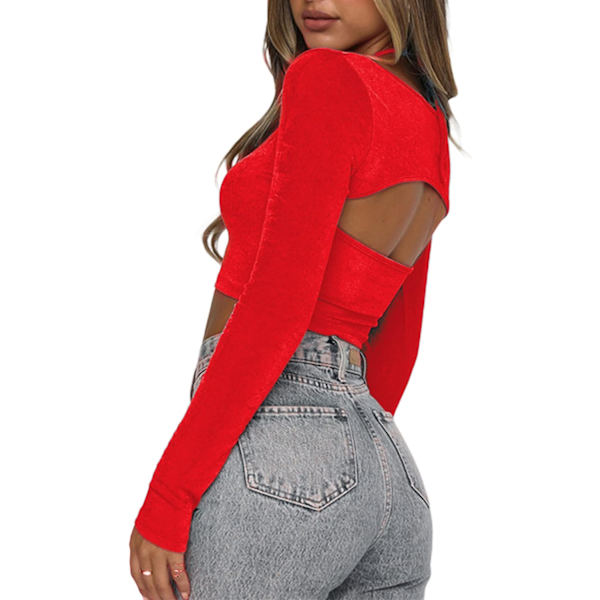 Kvinners Sexy 2 i 1 Cut Out Halter Lang Ermet Avling Top T-skjorte