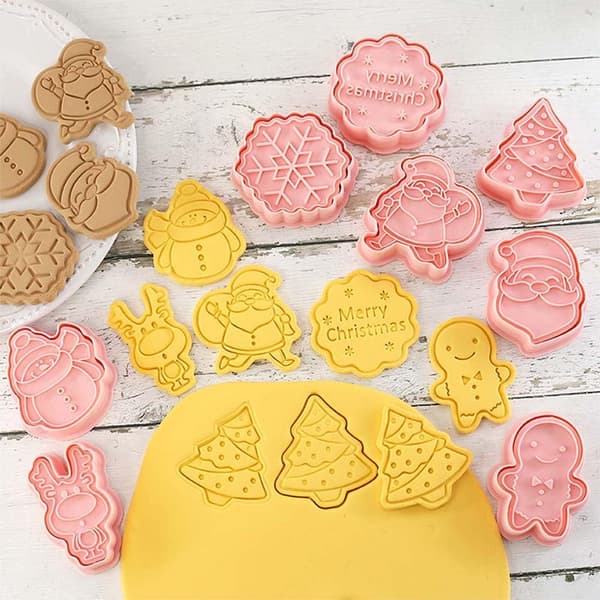 8-delars Mini Julkakformar, 3D-präglad Design Kakstämplar, Mini Pepparkaka, Snögubbe, Snöflinga, Älg, Jultomte Bakformar, Jul
