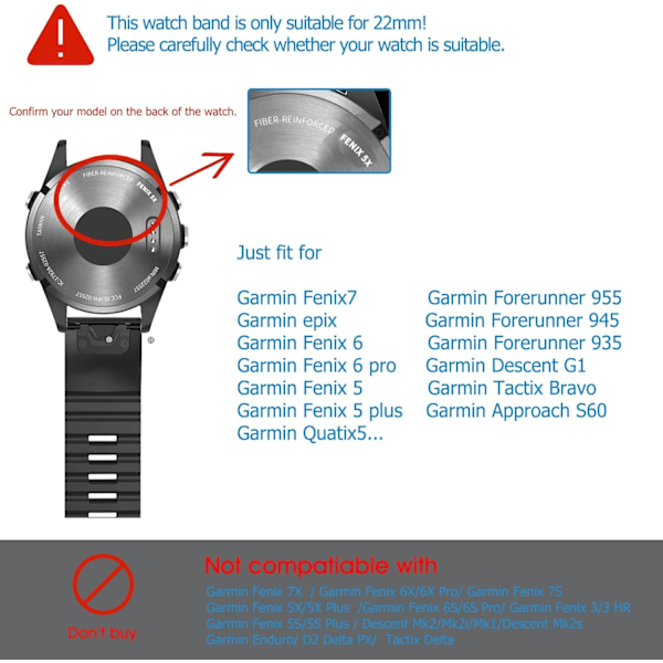 Kompatibel Fenix ​​5-band 22 mm bredd Sticked läder watch
