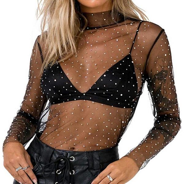 Kvinners Sexy Gjennomsiktige Skjorter Mesh Sheer Glitter Sequin Topper Lang Ermet