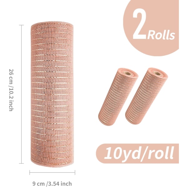 2 rullar roséguld deco mesh-band 10 tum x 30 fot, metallisk mesh-band poly