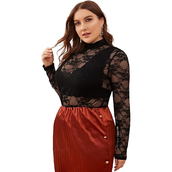 Kvinners Plus Size Blomstermønster Mock Neck Sheer Mesh Tee Shirts Topp